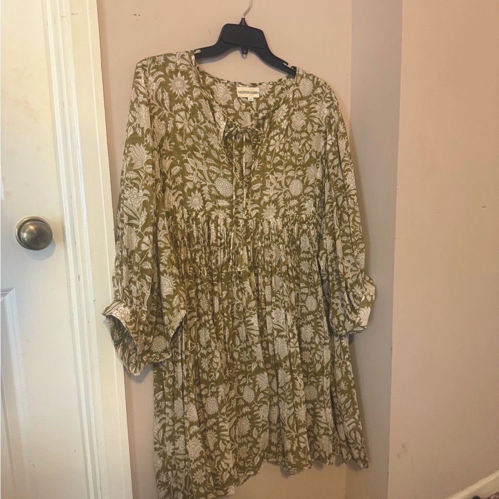 Daughters of India Olive Green Floral Dress